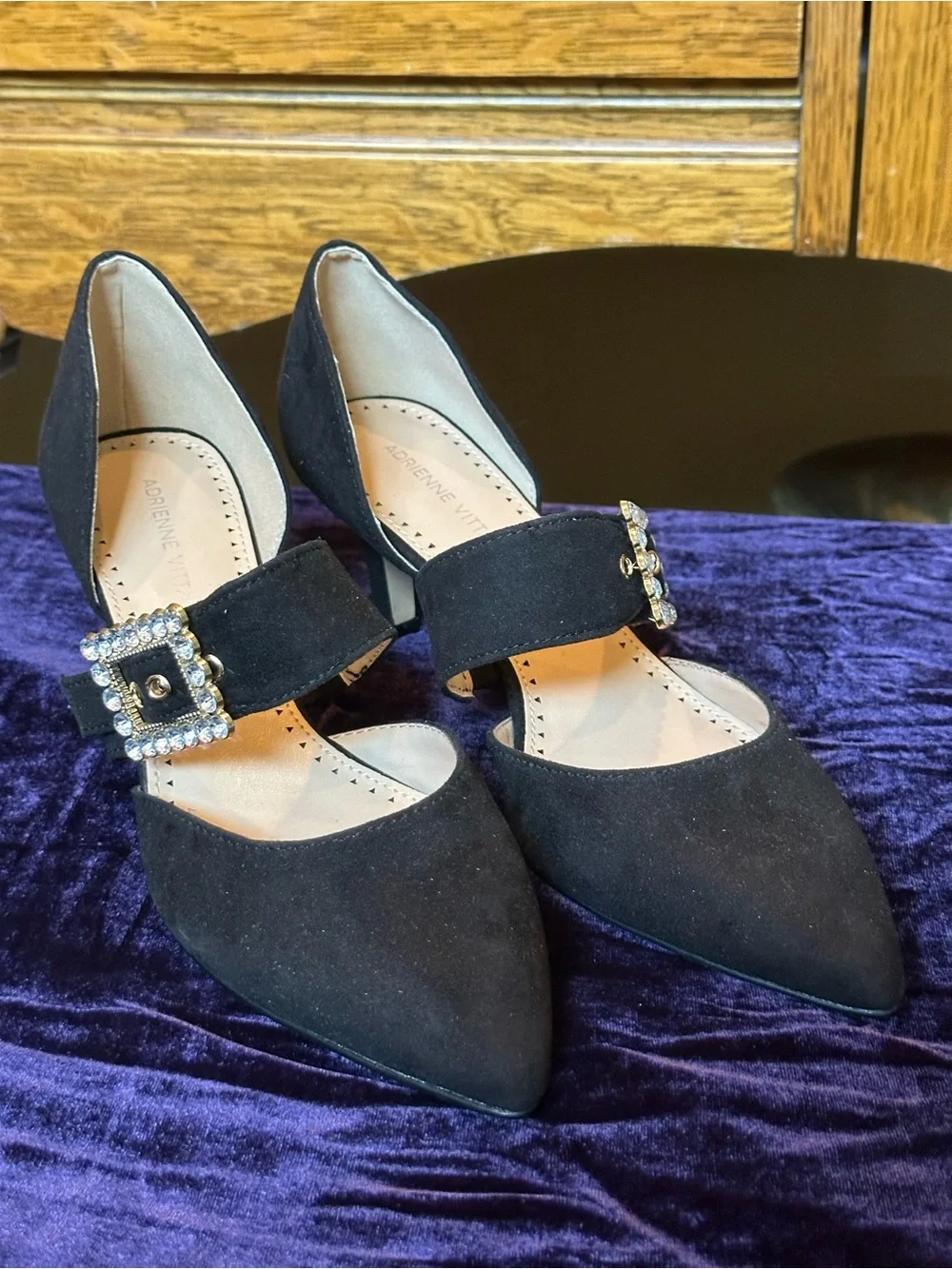 Adrienne Vittadini Black Suede Mary Jane Heels with Crystal Buckle